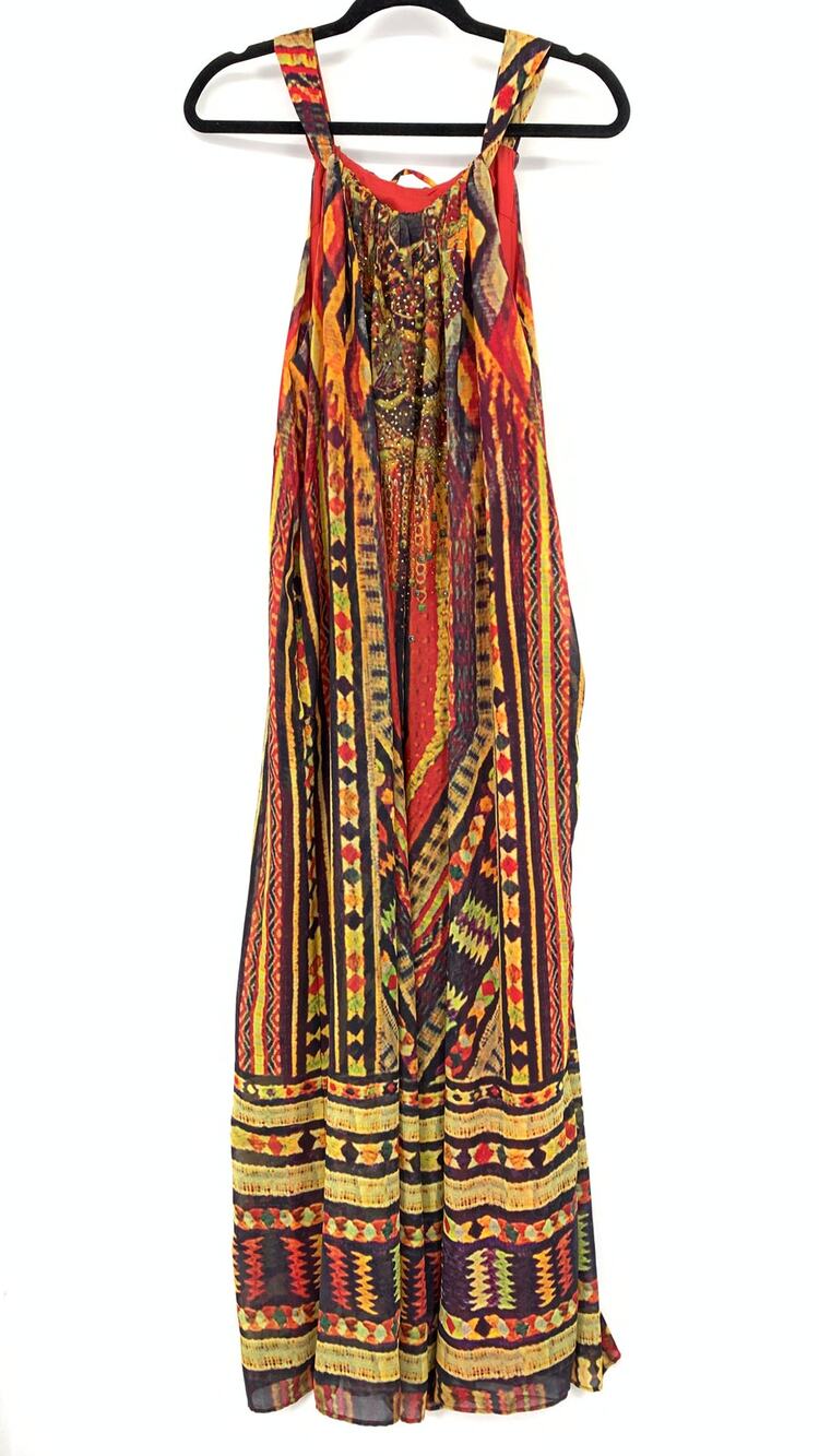 Soft Surroundings A-Line Maxi Dress Womens Size Medium Tribal Print Red Gold